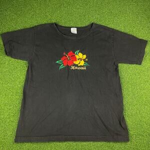 Vintage 90s Cotton Soft Embroidered Hawaii Hibiscus Black T-Shirt Sz L